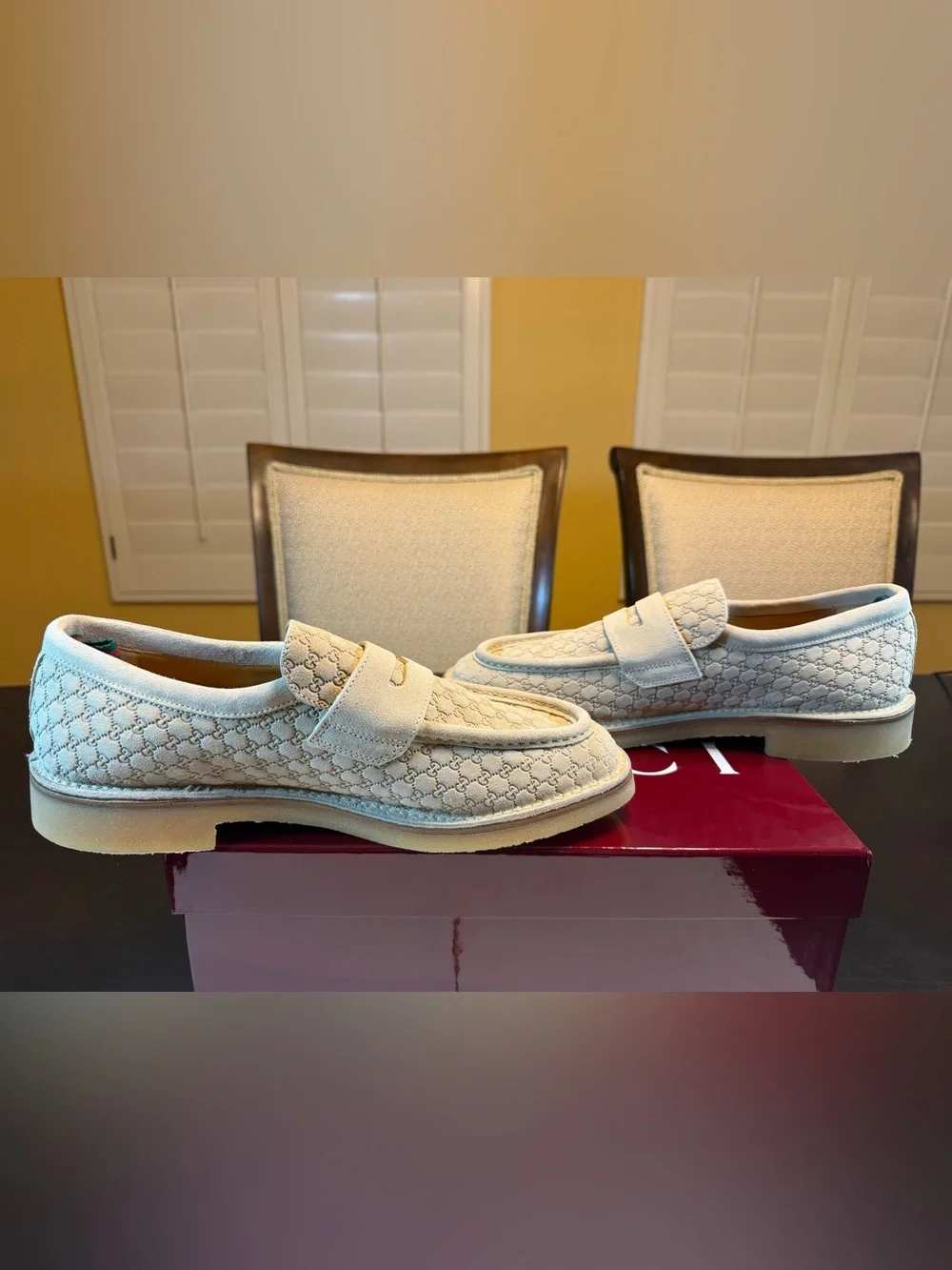 New Authentic Gucci GG Logo Suede Loafers Cream UK 11.5 / US 12